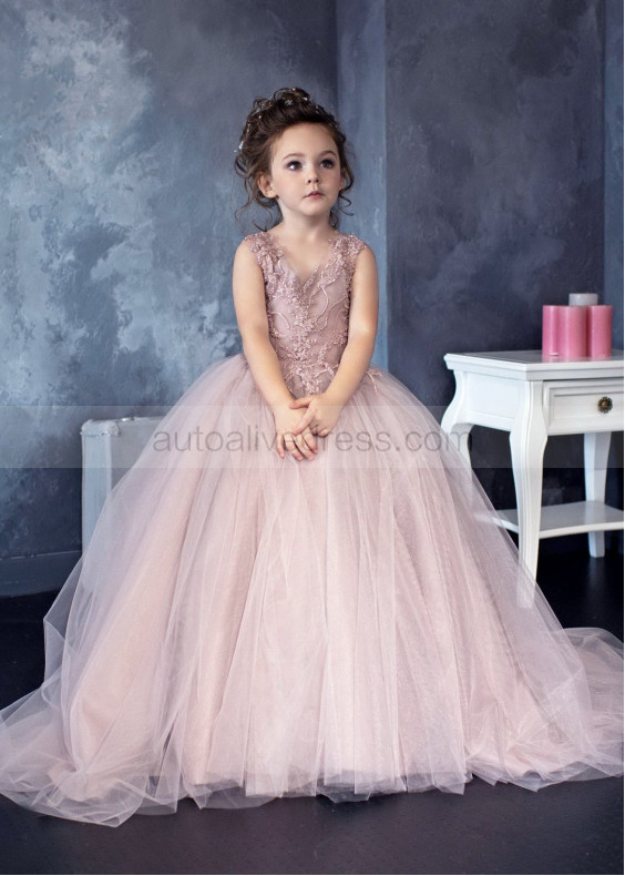 Beaded Light Mauve Lace Tulle Flower Girl Dress